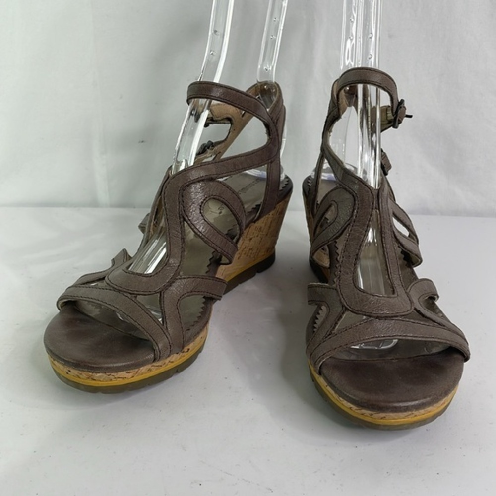 Bussola style mocha leather cork heel wedge double buckle sandals Saint Tropez - Picture 2 of 6